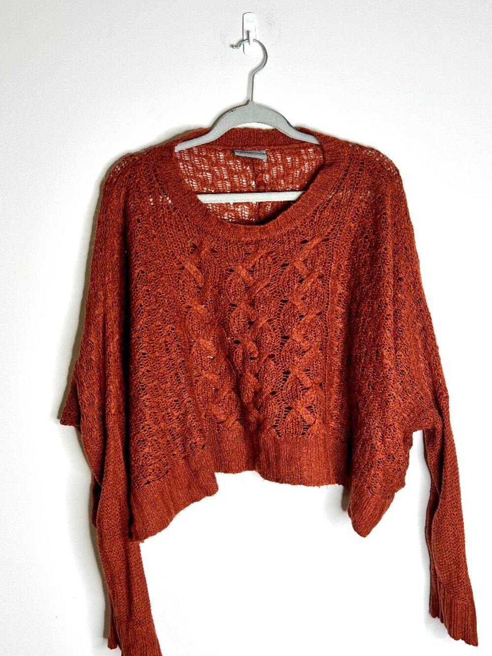 Wooden Ships Rust Orange Cable Knit Open Knit Cropped Boho Sweater Hippie Sz S/M